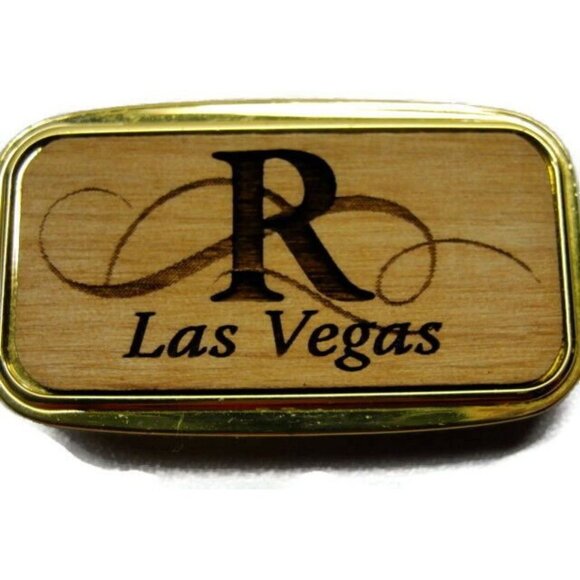 Money Clip "R" Las Vegas Wallet Credit Card Holder Gold Tone Wooden - Picture 1 of 10